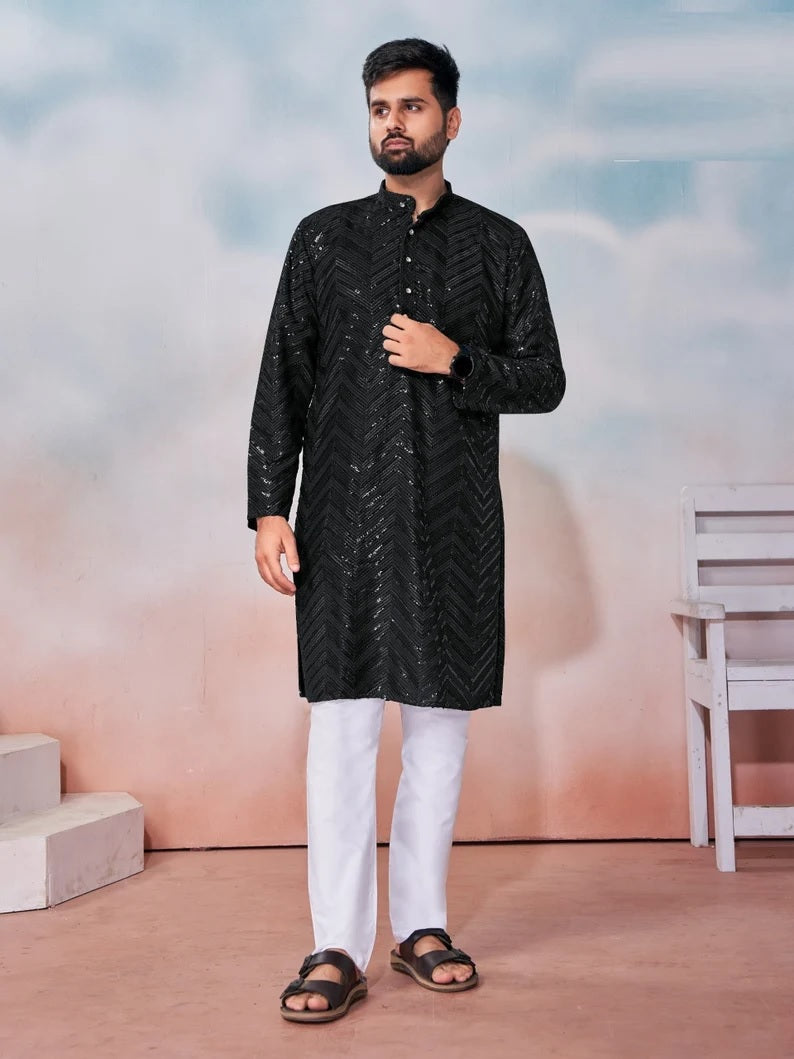 Heavy Rayon Chikan Work Kurta Pajama Combo For Men's