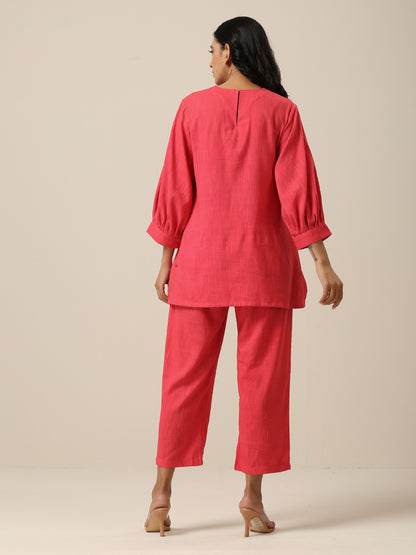 trueBrowns Bright Pink Slub Texture Baggy Sleeve Co-Ord Set | Relove