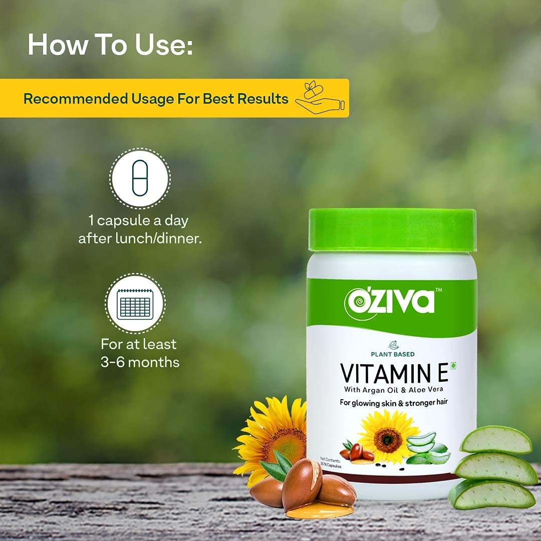 OZiva Plant Based Natural Vitamin E (With Argan oil + Aloe vera) - 30 Veg Capsules