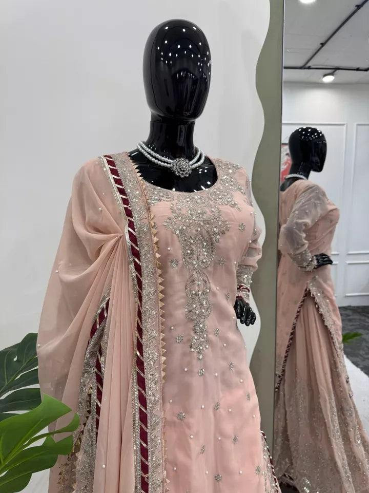 Indian Wedding Special Ethnic Stitched Faux Georgette Top Sharara Dupatta