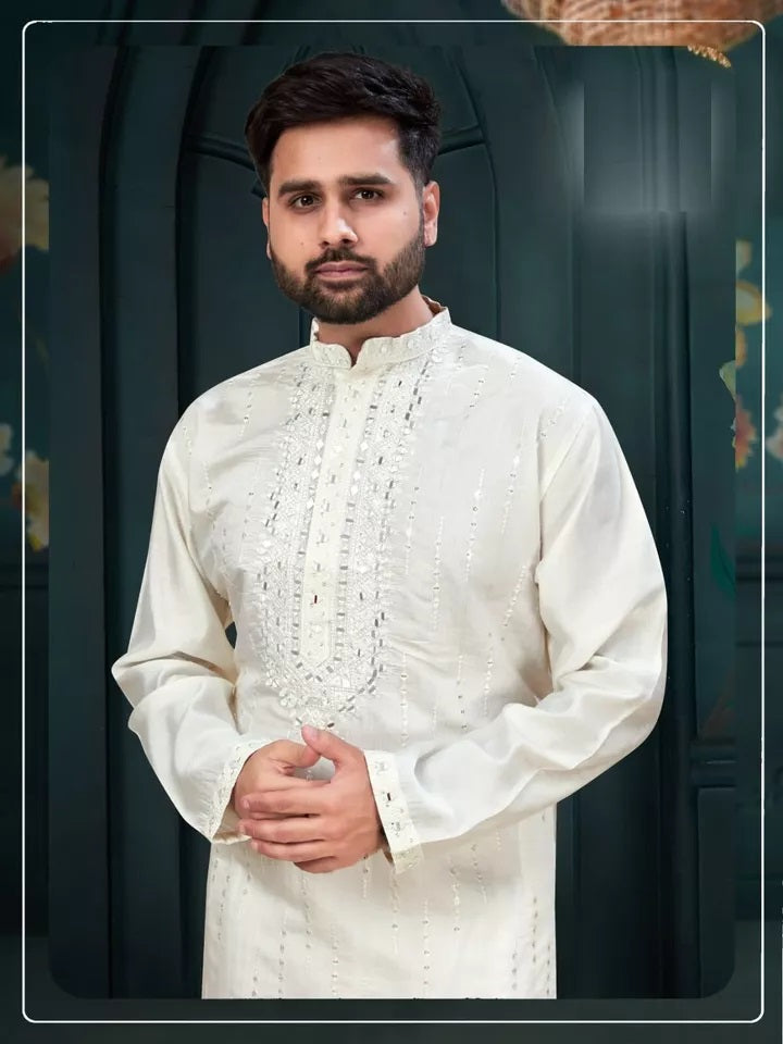 Classic Beautiful Exclusive Stitched 14 Kg Roman Silk Kurta Pajama For Men's