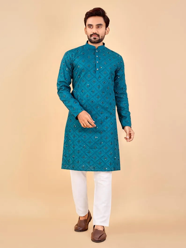 Soft Cotton Embroidery Mirror Work Men's Kurta Pajama Set
