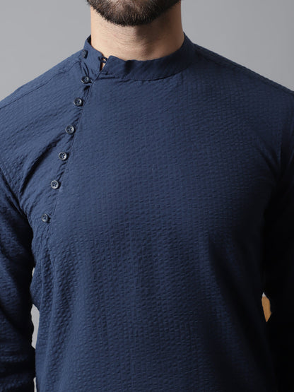 Even Apparels Blue Solid Kurta With Band Collar