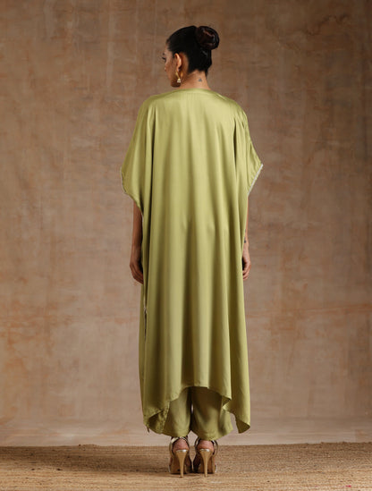 trueBrowns Light Green Modal Satin Kaftan Kurta Set | Relove