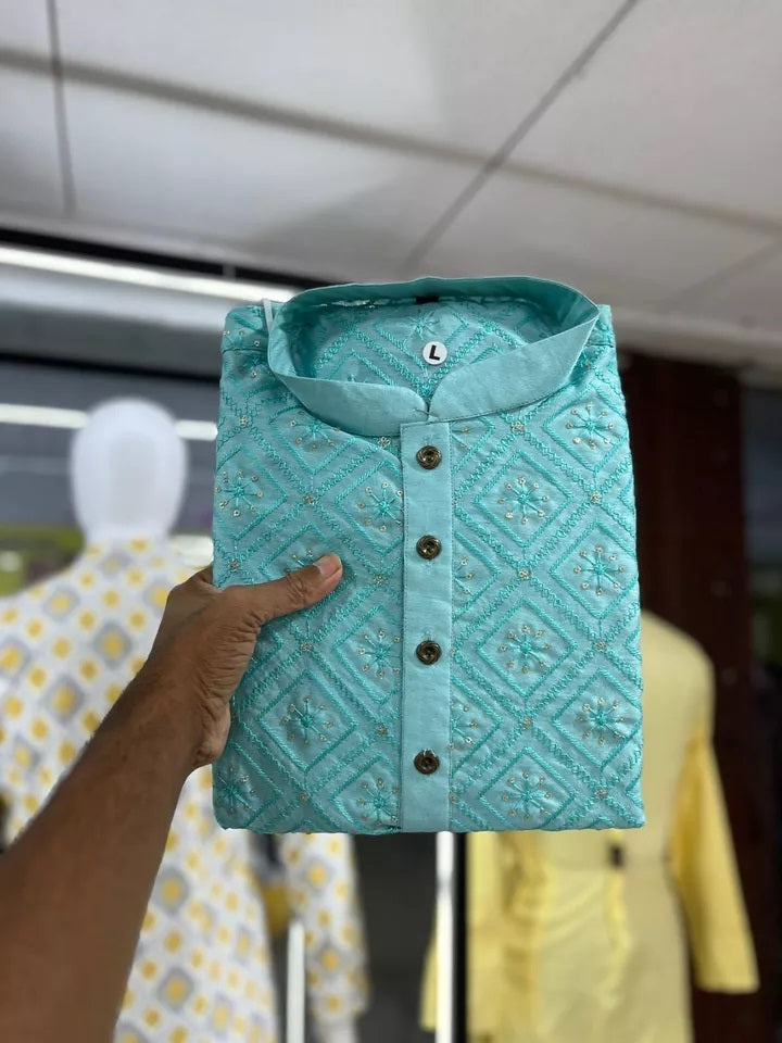 Soft Silk Kurta Pajama Set For Men's, Traditional Wedding Wear Kurta Set