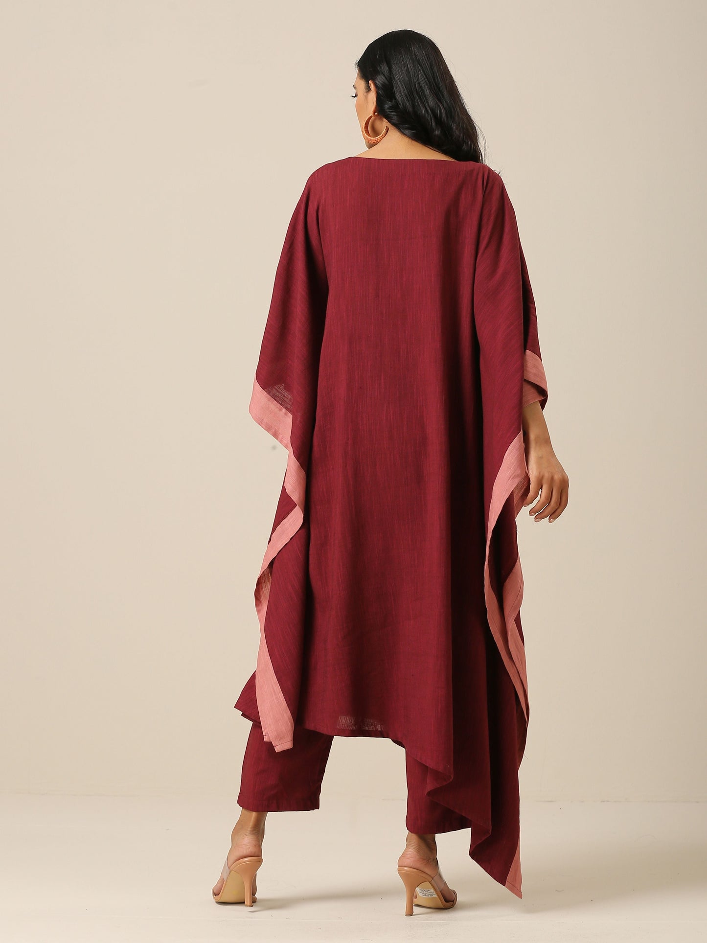 trueBrowns Ruby Wine Slub Texture High Low Kaftan Pant Set | Relove