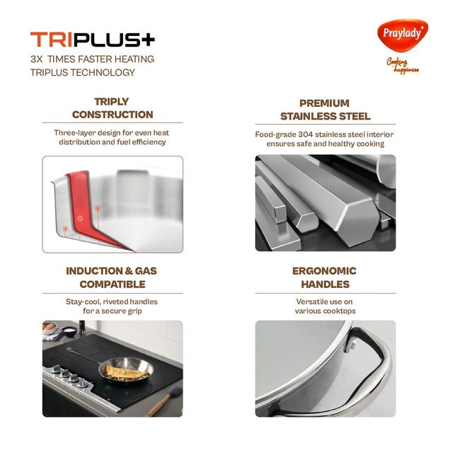 PrayLady Triplus Triply Stainless Steel Stockpot with Lid Multi-Purpose Casserole Biryani Pot Induction Gas