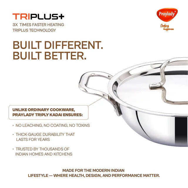 PrayLady Triplus Triply Stainless Steel Kadai with Lid