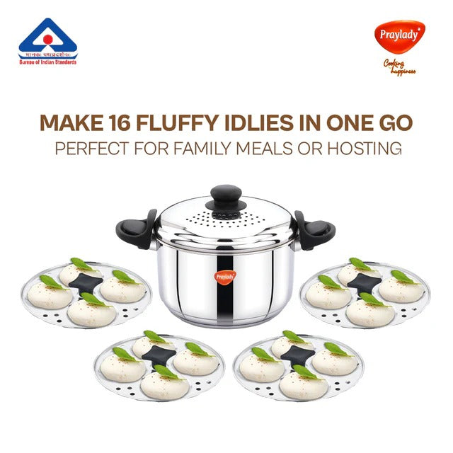 PrayLady Strainer Pro Max 4.2L 304 Grade SS Multi-Purpose Pot with Glass Lid Triply Bottom Idli Cooker 4 Plates Induction Gas