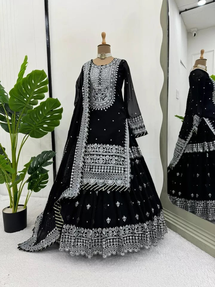 Faux Georgette Sequence Work With Front Side Work Top Sharara With Dupatta