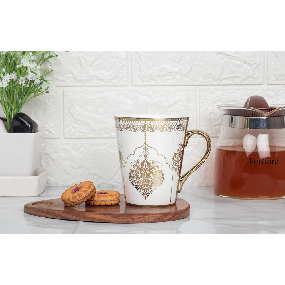 Femora Heritage Gold Coffee Mug Milk Mug | 330 Ml | Not Microwave Safe | Ceramic