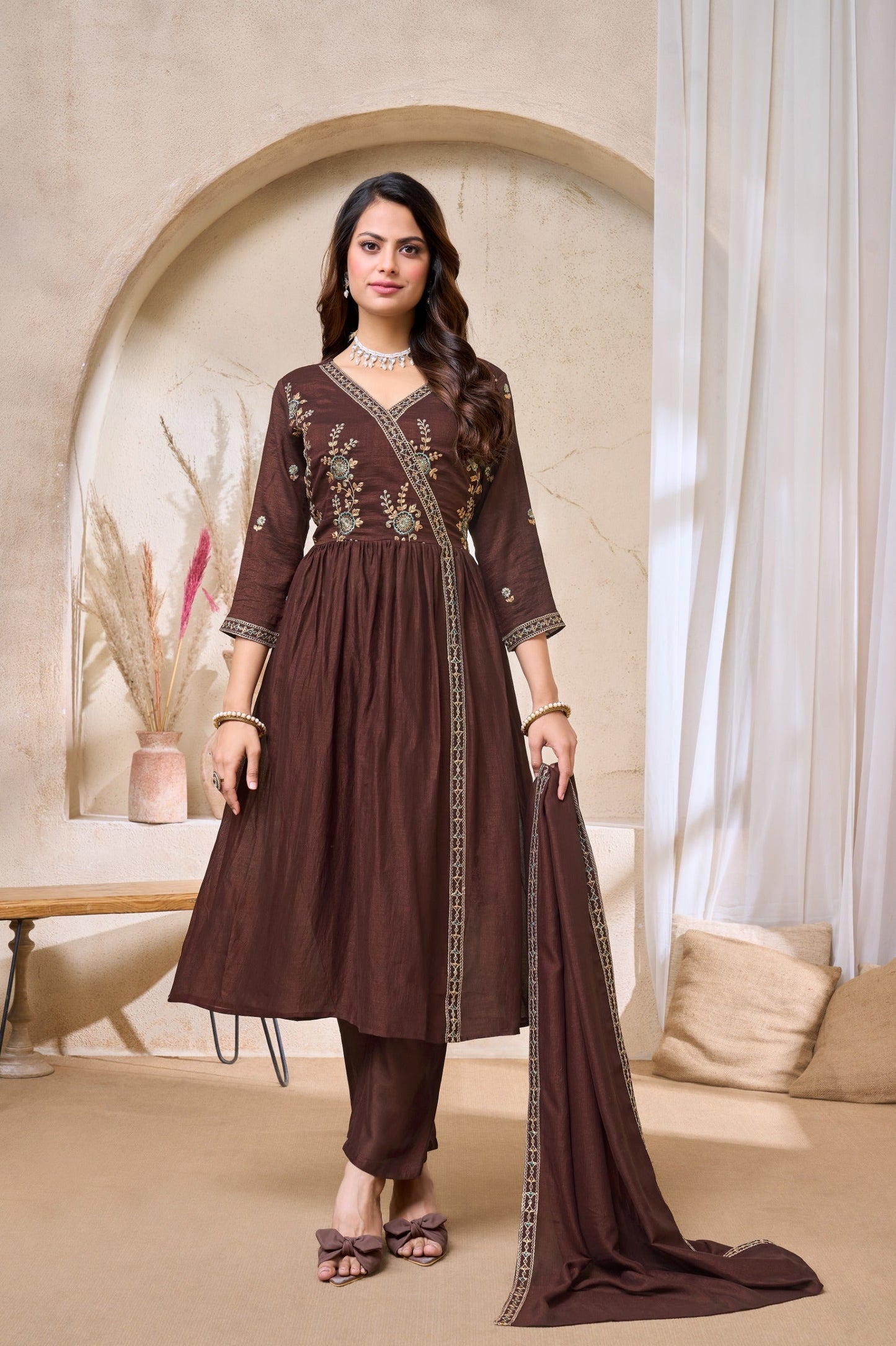Anaita Coffee Anarkali Readymade Suit with Embroidery Work
