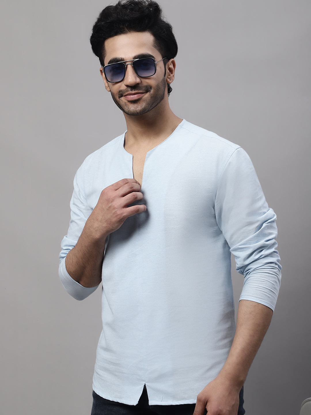 Even Apparels Blue Pure Cotton Open Neck Kurta