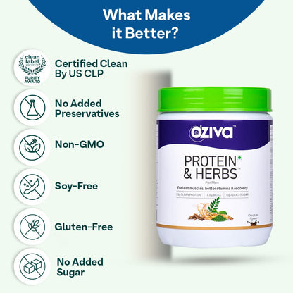OZiva Protein & Herbs for Men - Chocolate - 500 gm (16 Servings)