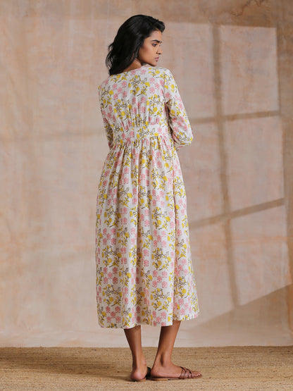 trueBrowns Pink Yellow Floral On White Block Print Cotton Wrap Dress | Relove