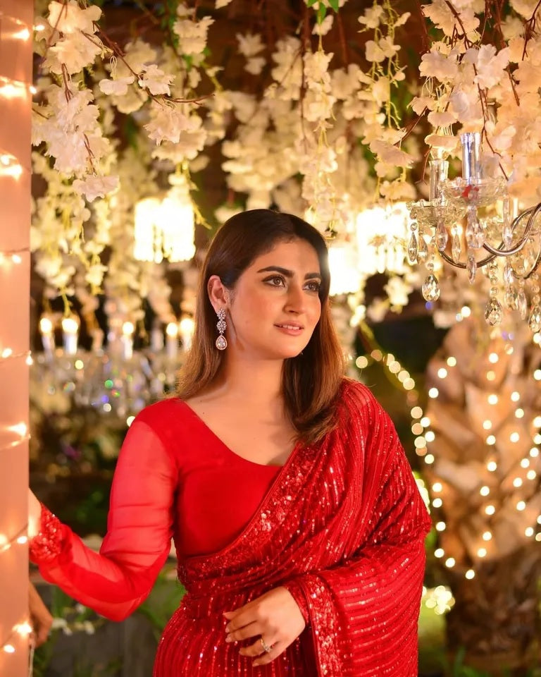 Red Georgette With Embroidery Sequence Work Saree
