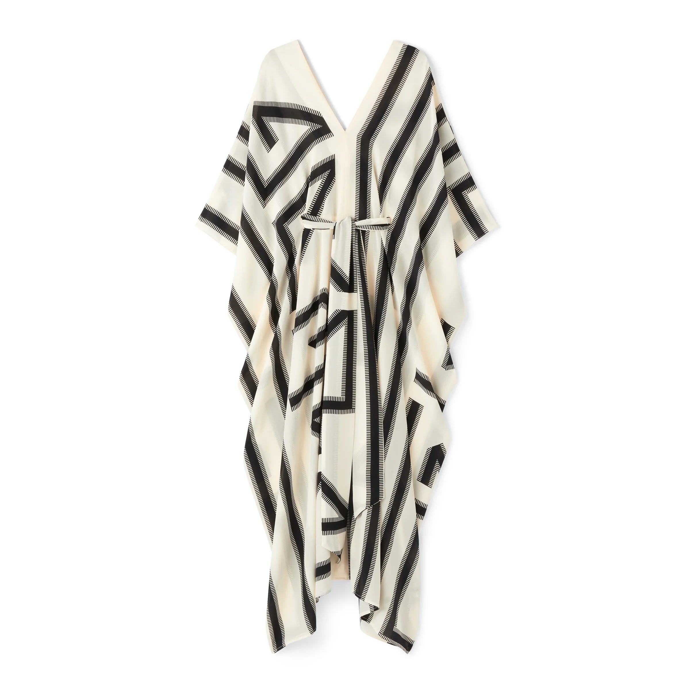 Black & White Digital Printed For Women's Long Kaftan With Belt