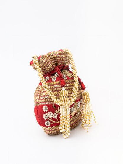 NR By Nidhi Rathi Maroon & Gold-Toned Persia Embroidered Potli Clutch