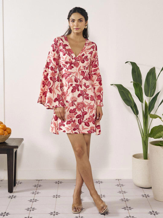 Anayna Floral Print Flared Sleeve A-Line Dress