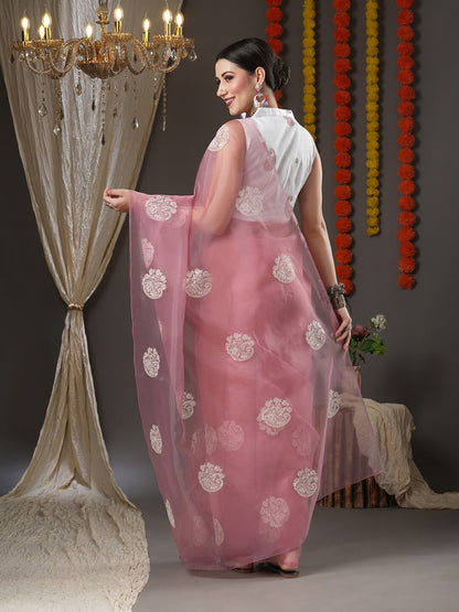 Saree Mall Mauve & White Floral Embroidered Organza Banarasi Sarees