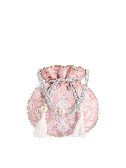 Masq Pink & White Embellished Embroidered Potli Clutch