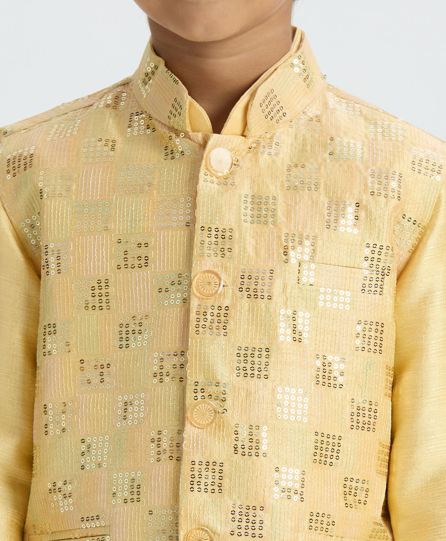 Joban Fashion Kids Island Elegant Box Sequence work Nehru Jacket Full Sleeves Kurta, Pyjama Set - Golden