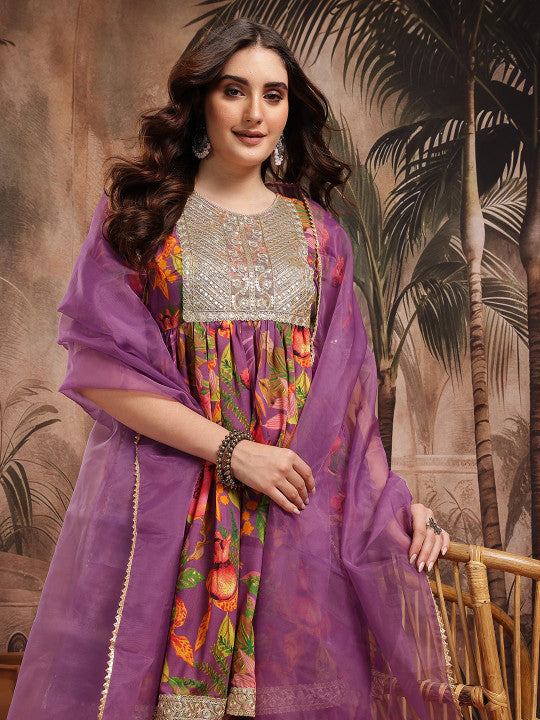 Sangria Floral Print Gotta Patti Kurta with Sharara & Dupatta