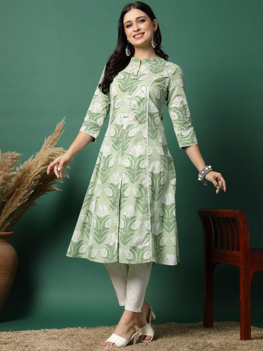 Sangria Floral Printed Pure Cotton Mandarin Collar Thread Work A-Line Kurta