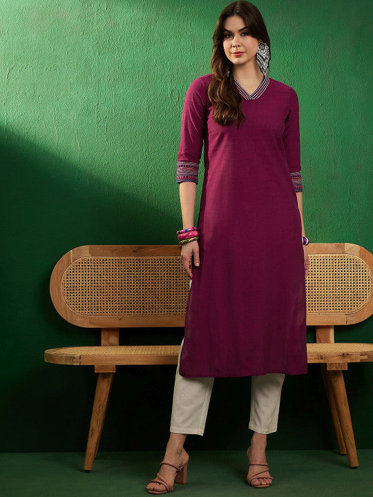 Sangria Burgundy V-Neck Thread Work Pure Cotton Straight Kurta