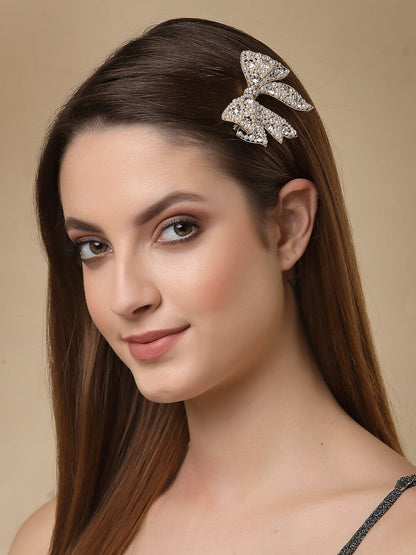Panash Women Gold-Toned & White Embellished Bow-Shaped Alligator Hair Clip