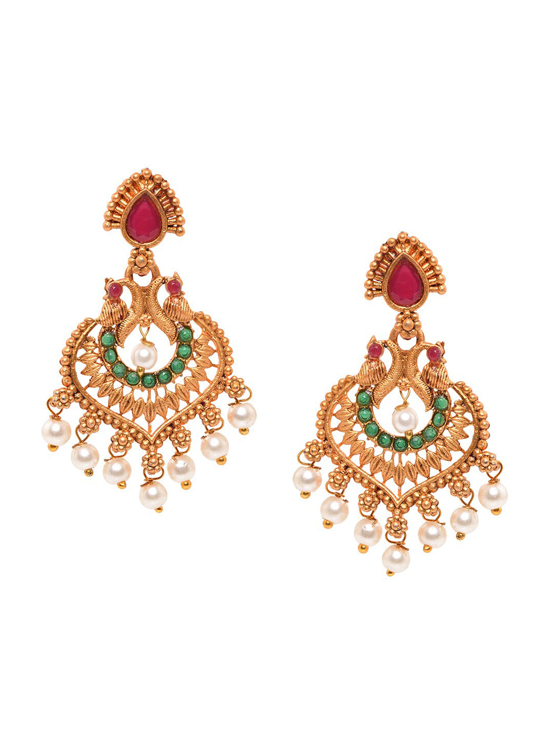 Saraf RS Jewellery Gold-Polished Red & Green Bridal Temple Jewellery Set