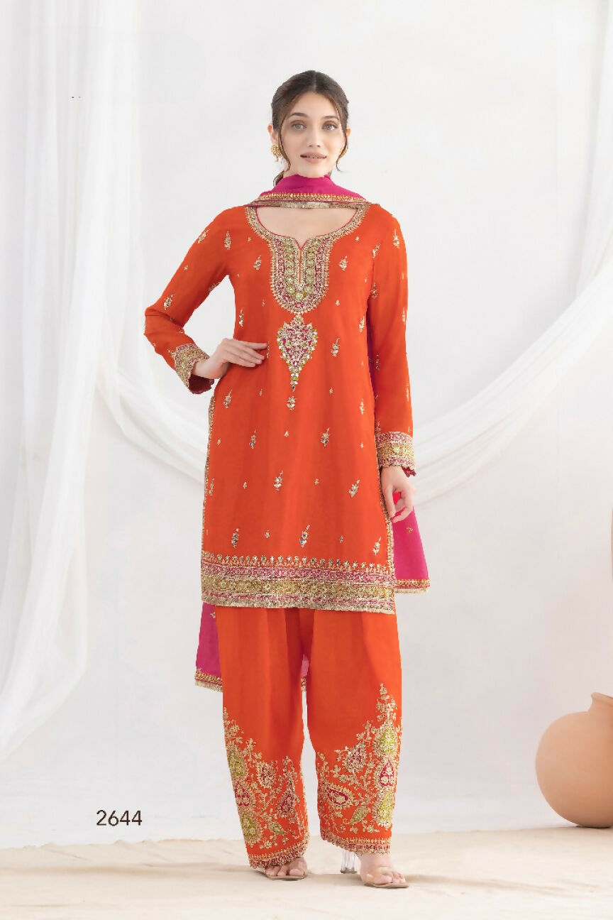 Anaita Orange Chinon Readymade Suit with Embroidery Coding & Sequence Work