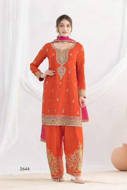 Anaita Orange Chinon Readymade Suit with Embroidery Coding & Sequence Work