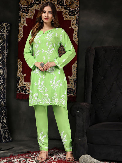 HOUSE OF KARI Floral Embroidered Chikankari Pure Cotton Kurta with Trousers