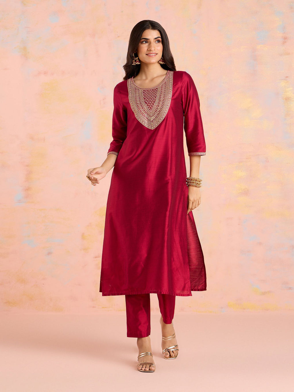 Likha Maroon Diwa Dazzle Zari Dori Work Kurta Pant & Dupatta LIKSKD308 (Set of 3)