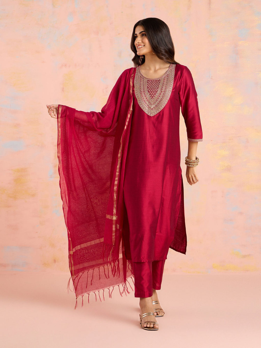 Likha Maroon Diwa Dazzle Zari Dori Work Kurta Pant & Dupatta LIKSKD308 (Set of 3)