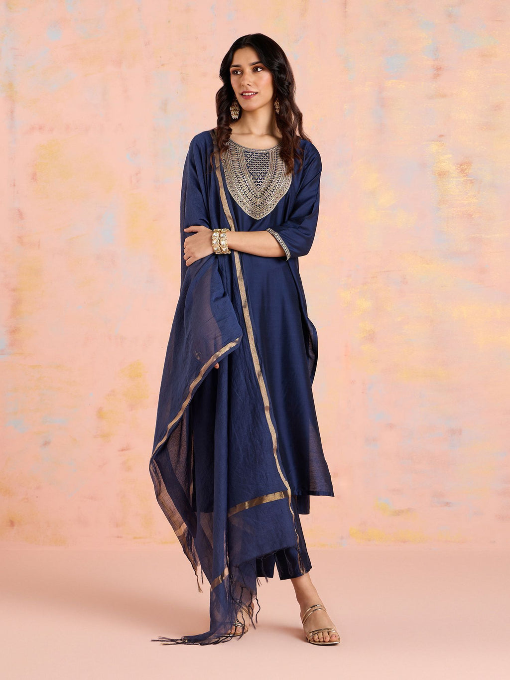 Likha Navy Blue Diwa Dazzle Zari Dori Work Kurta Pant & Dupatta LIKSKD308 (Set of 3)
