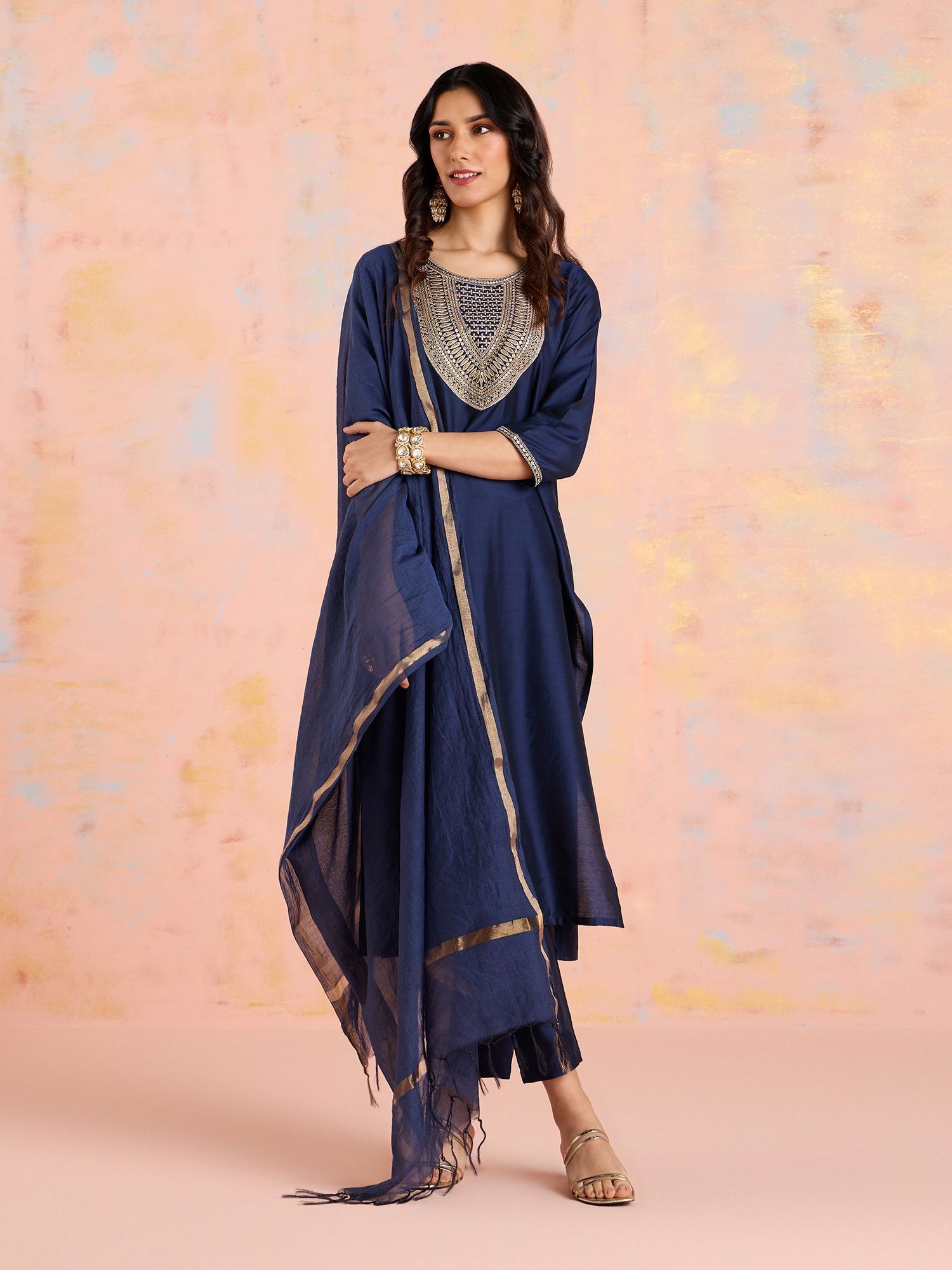 Likha Navy Blue Diwa Dazzle Zari Dori Work Kurta Pant & Dupatta LIKSKD308 (Set of 3)