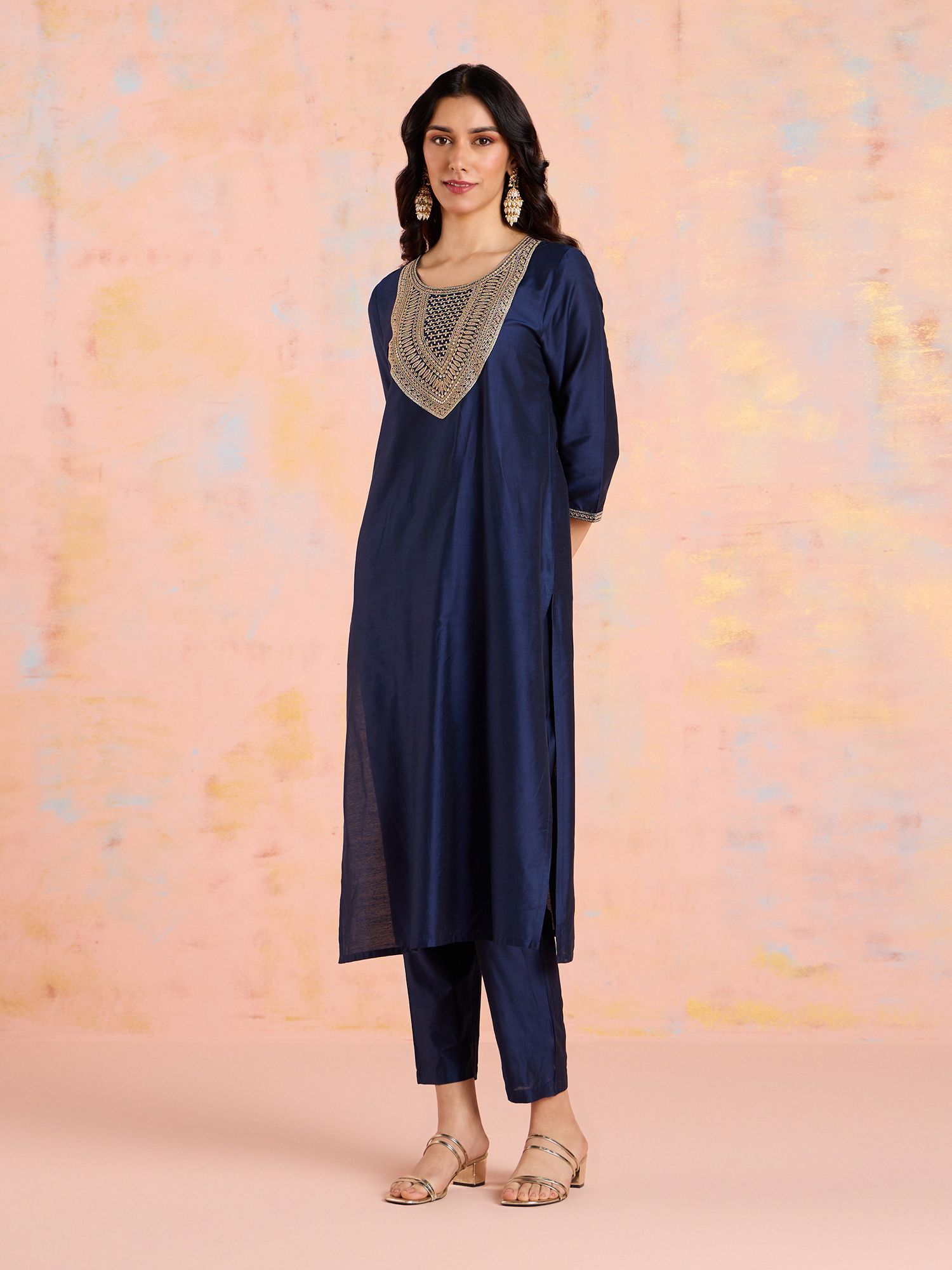 Likha Navy Blue Diwa Dazzle Zari Dori Work Kurta Pant & Dupatta LIKSKD308 (Set of 3)