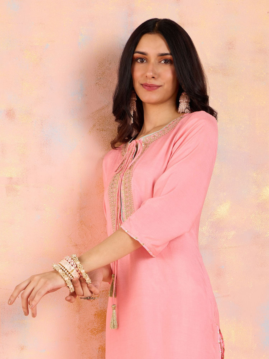 Likha Pink Garden Groove Shantoon Embroidered Kurta & Dhoti LIKSKD302 Co-ord Set (Set of 2)