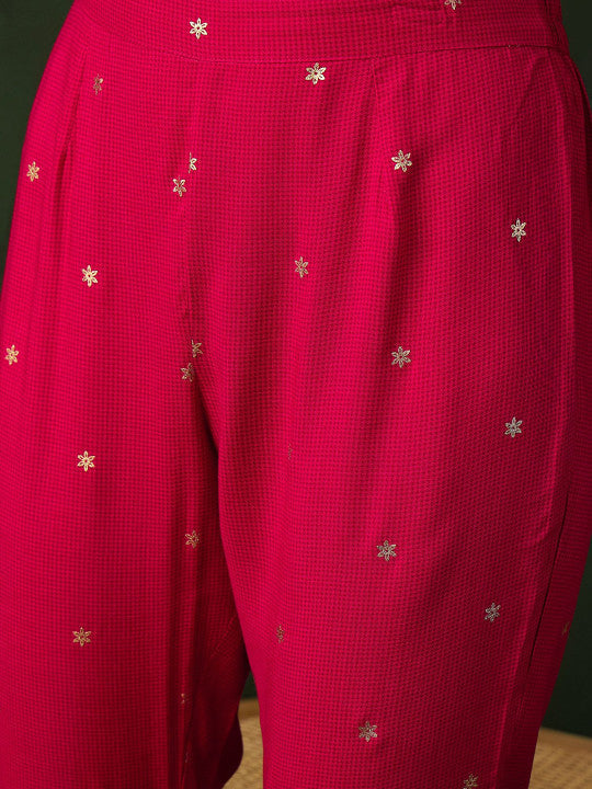 Sangria Pink Floral Printed V-Neck Straight Kurta With Trousers