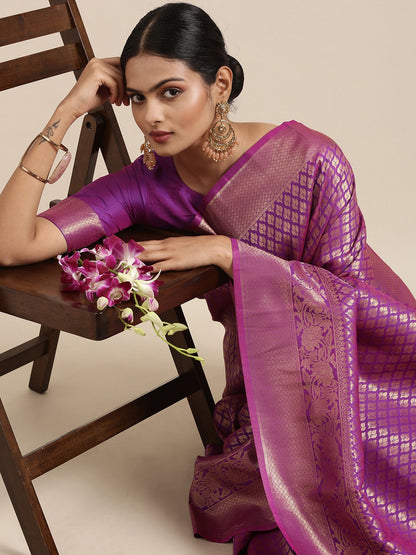 Saree Mall Purple Ethnic Motifs Zari Silk Blend Banarasi Sarees