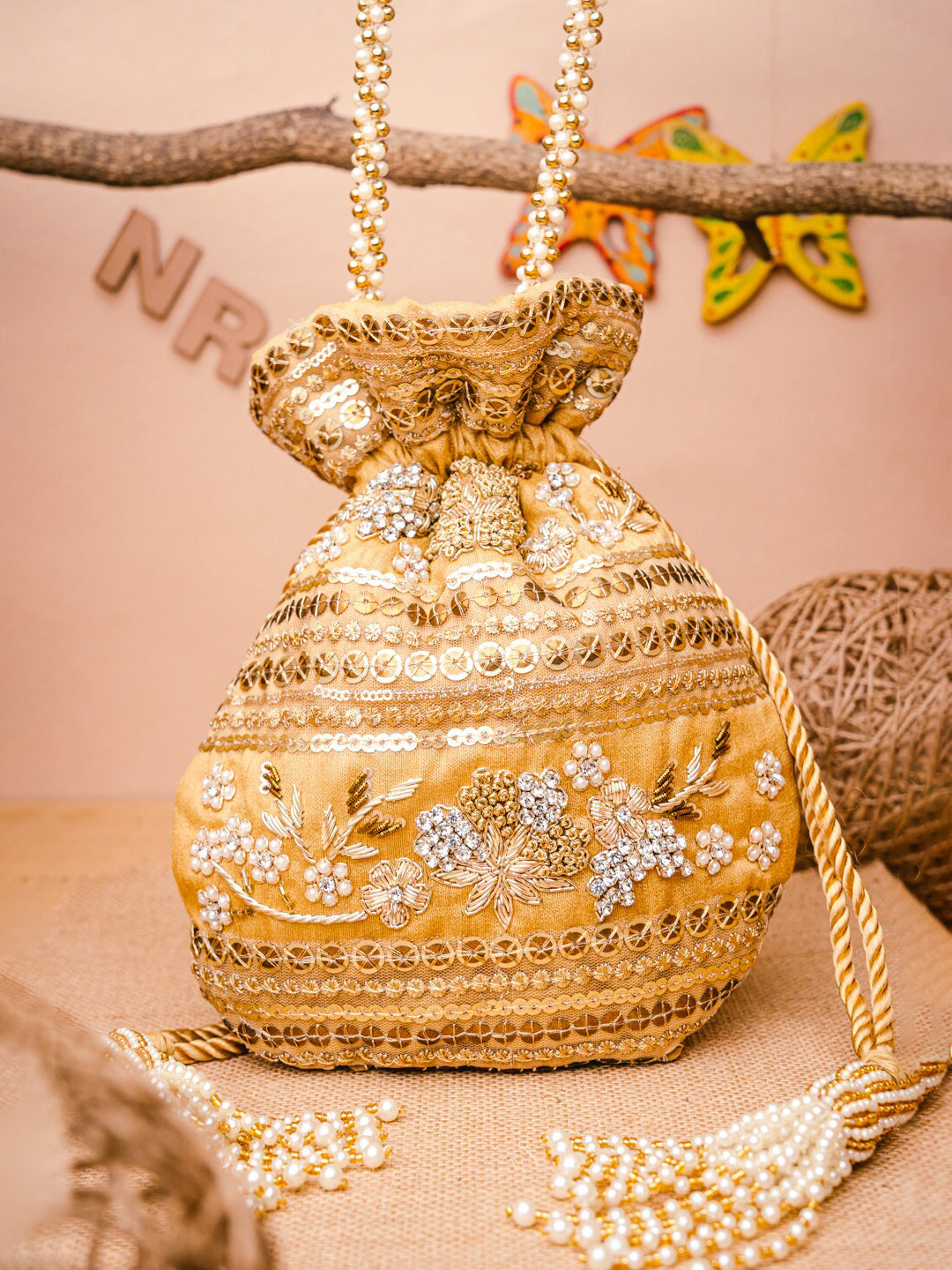 NR By Nidhi Rathi Women Gold Embroidered Potli Bag