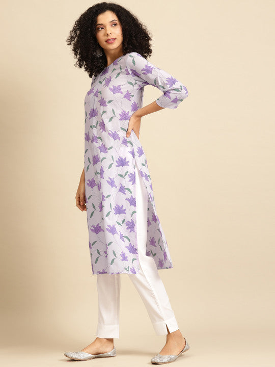 Anayna Women Lavender & Green Romantic Floral Print Cotton A-Line Pastel Kurta