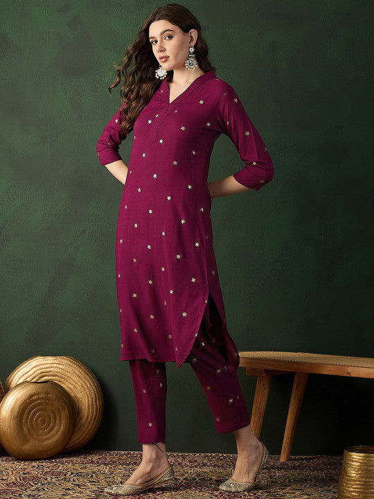 Sangria Burgundy Floral Printed V-Neck Straight Kurta With Trousers