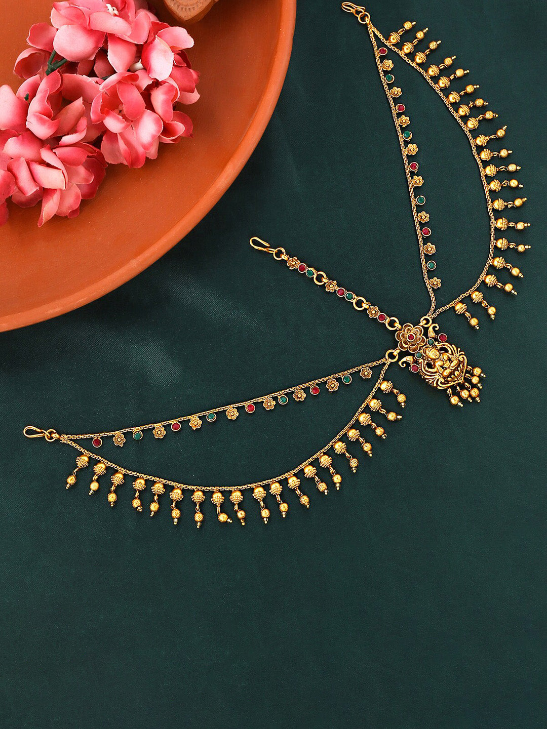 Yellow Chimes Gold-Polished Red & Green Stone-Studded Layered Bridal Traditional Mathapatti