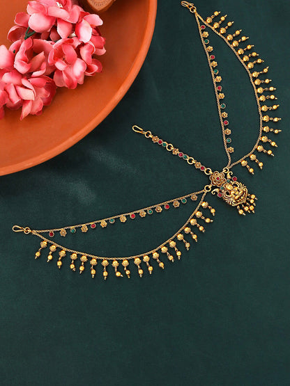 Yellow Chimes Gold-Polished Red & Green Stone-Studded Layered Bridal Traditional Mathapatti