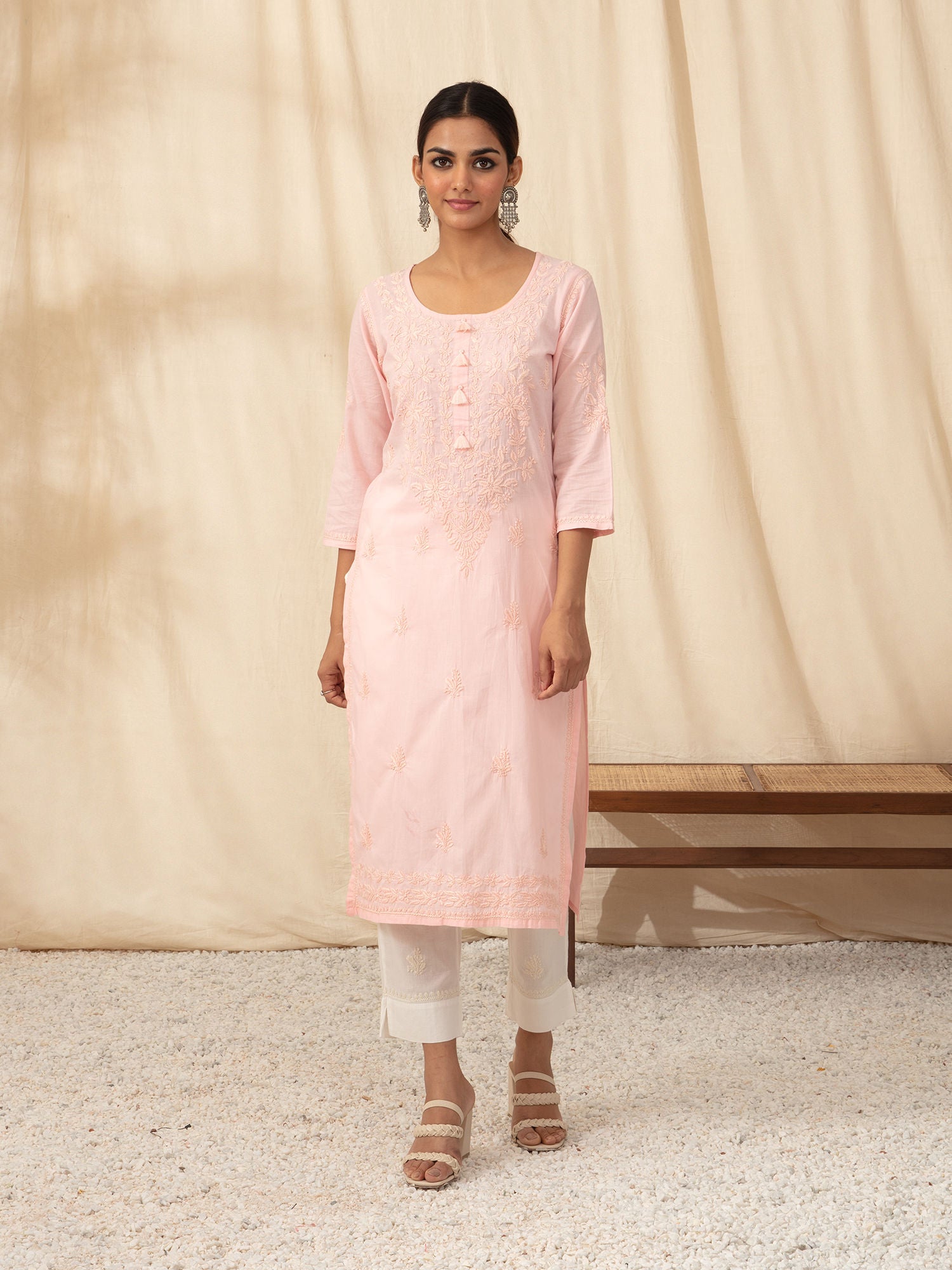 Likha Peach Chikankari Kurta Pant Dupatta(Set of 3) LIKSKD30 (Set of 3) - 2XL