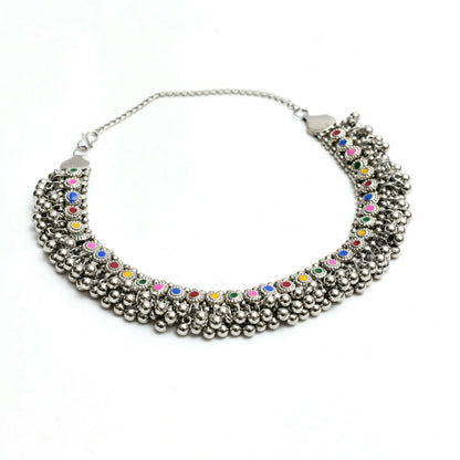Mominos Fashion Johar Kamal Oxidised Silver-Plated Meena Work Choker Set
