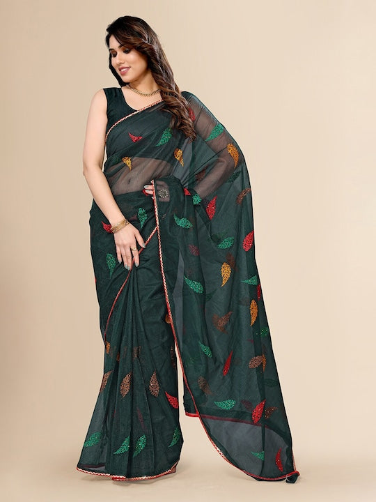 Fabmora Ethnic Motifs Embroidered Net Saree